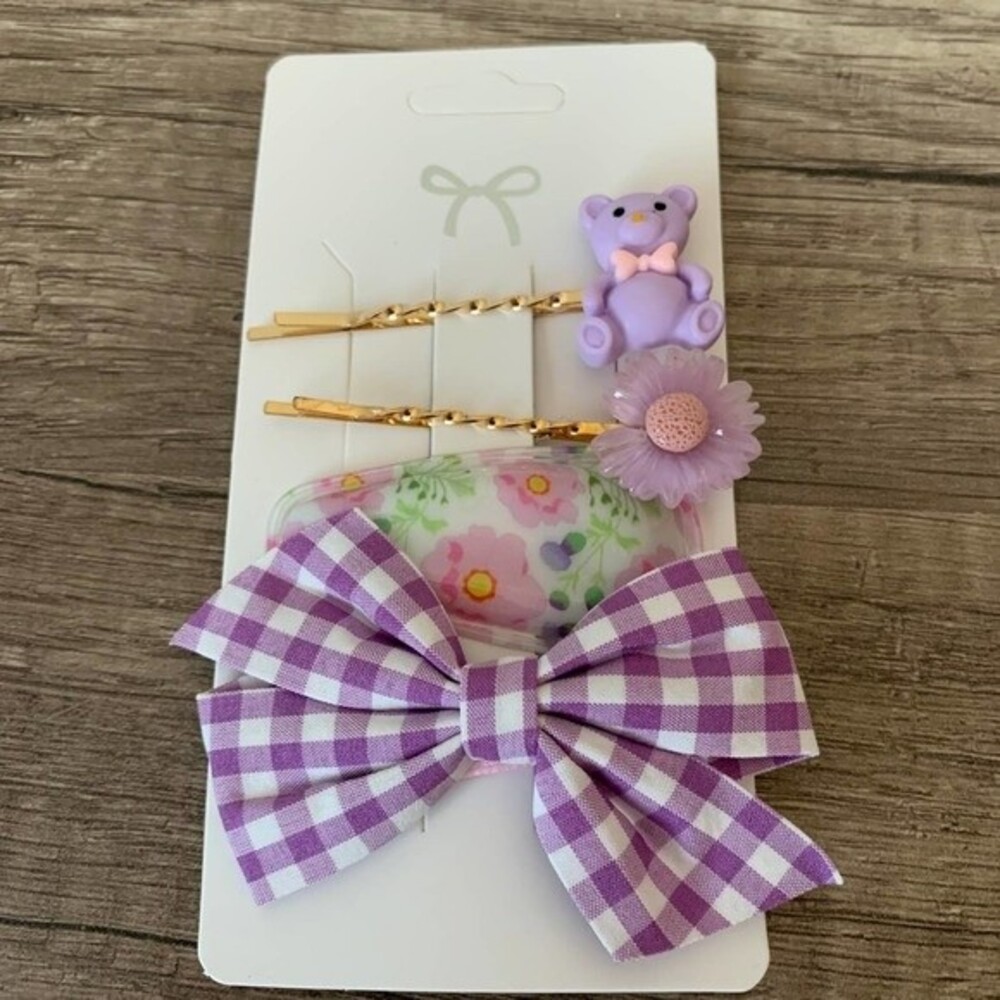 Hair clips Purple Hair accessories fashion bear flower ribbon hair pin 4PC set